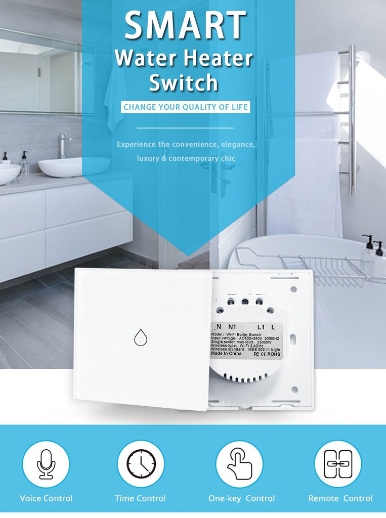 WiFi Smart Boiler Switch Water Heater Smart Life Tuya APP Remote Control Amazon Alexa Echo Google Home Voice Control Glass Panel