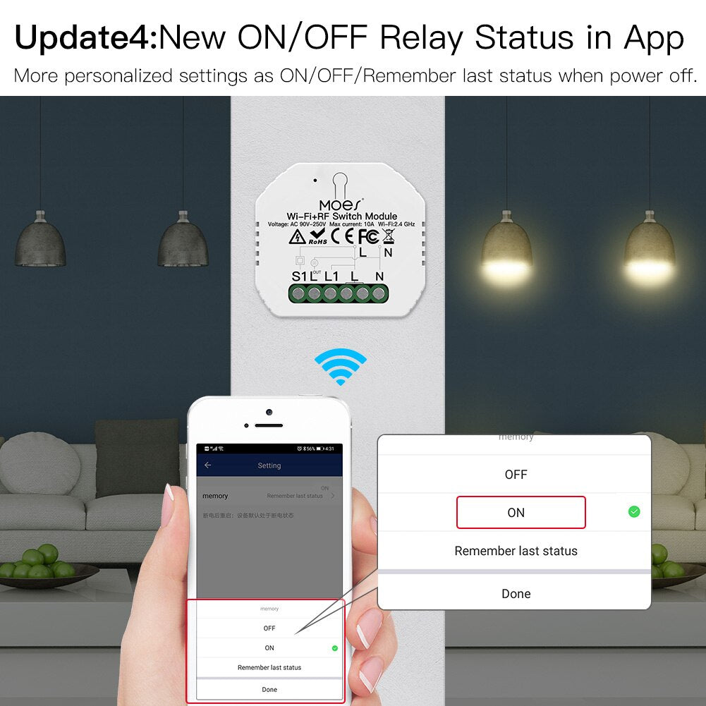 Mini DIY WiFi RF433 Smart Relay Switch Module Smart Life/Tuya App Control, Work with Alexa Google Home 1 Gang 1/2 Way