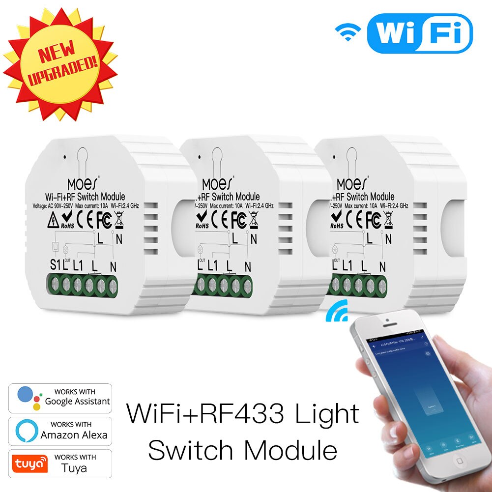 Mini DIY WiFi RF433 Smart Relay Switch Module Smart Life/Tuya App Control, Work with Alexa Google Home 1 Gang 1/2 Way