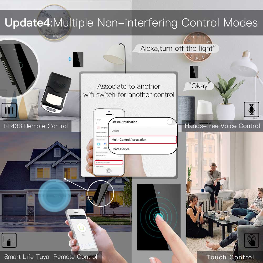 Smart Wifi+RF Glass Panel Switch Smart Life/Tuya App Multi-Control Association Voice Control with Alexa Google Home 1/2/3 Gang