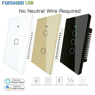 White RF433+WiFi Smart Wall Touch Switch No Neutral Wire Needed Single Wire Wall Switch Work with Alexa Google Home 170-250V