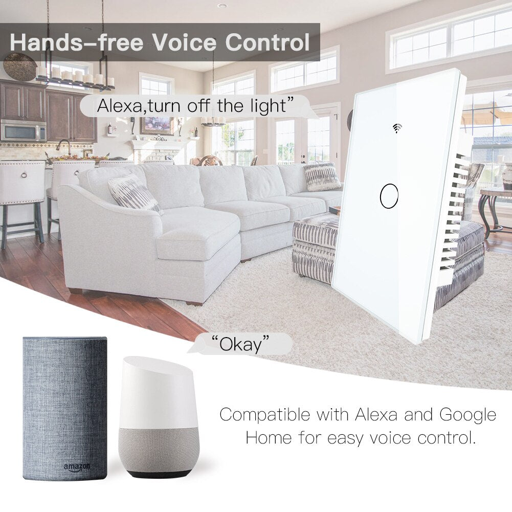 White RF433+WiFi Smart Wall Touch Switch No Neutral Wire Needed Single Wire Wall Switch Work with Alexa Google Home 170-250V