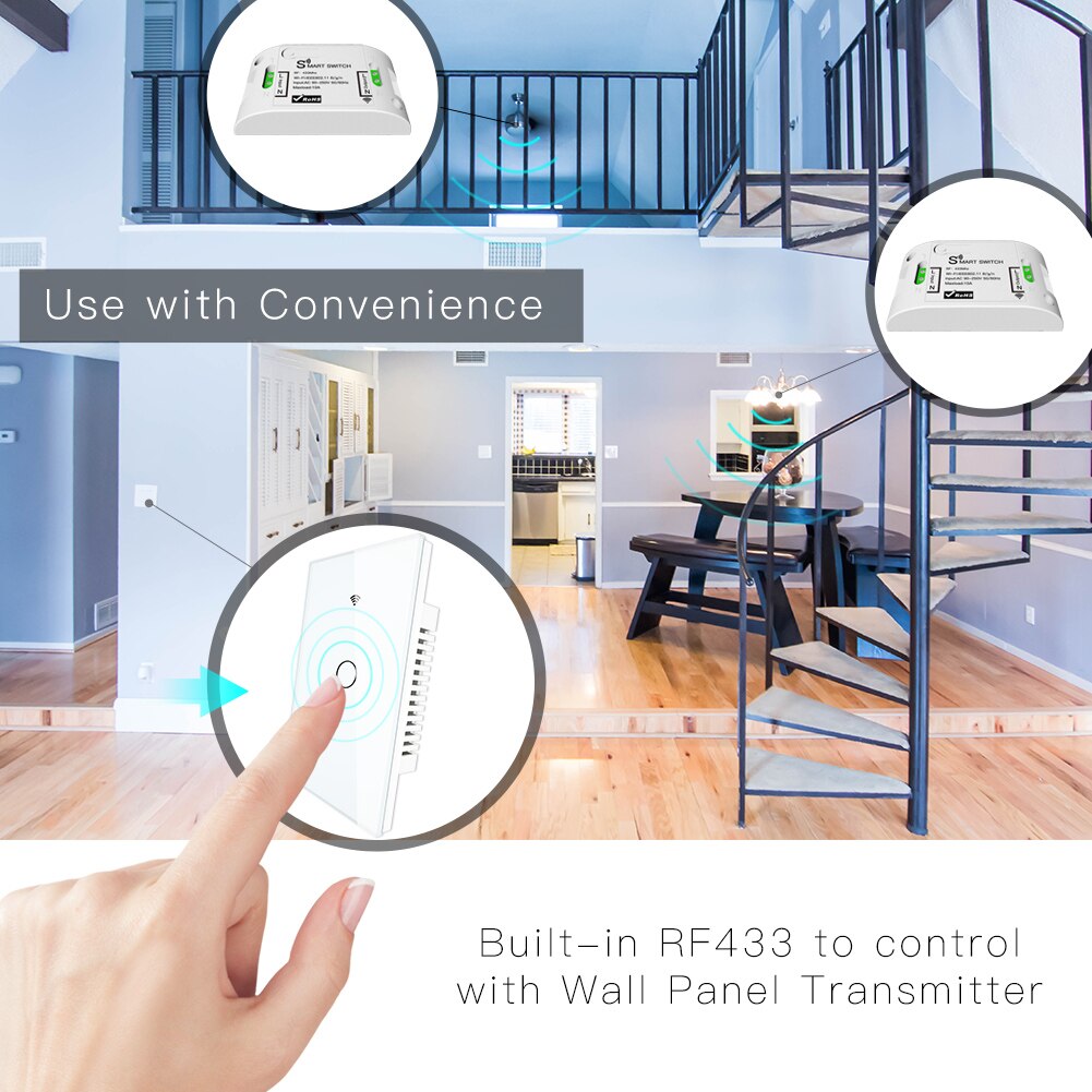 White RF433+WiFi Smart Wall Touch Switch No Neutral Wire Needed Single Wire Wall Switch Work with Alexa Google Home 170-250V