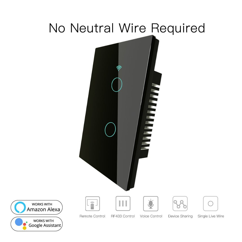 White RF433+WiFi Smart Wall Touch Switch No Neutral Wire Needed Single Wire Wall Switch Work with Alexa Google Home 170-250V