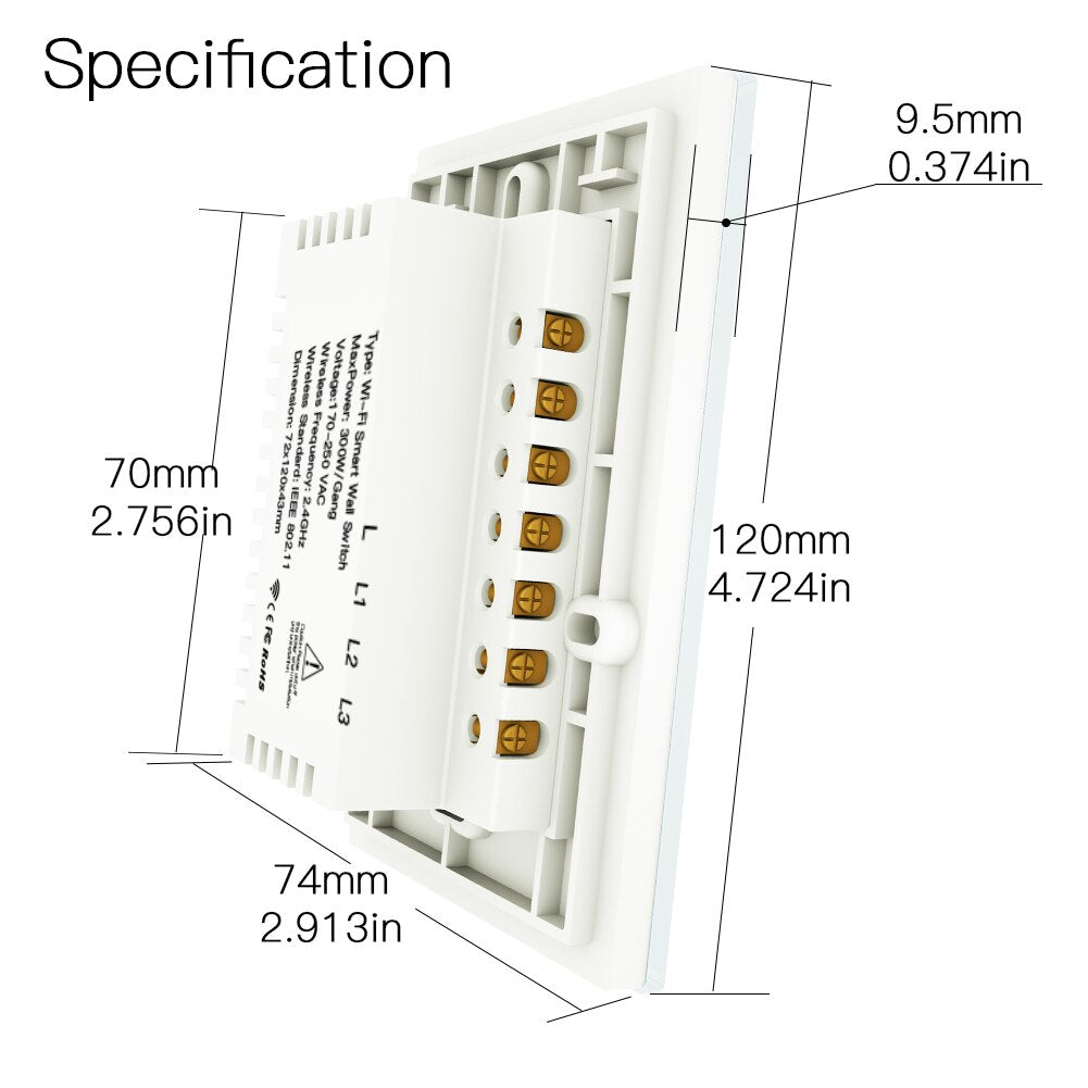 White RF433+WiFi Smart Wall Touch Switch No Neutral Wire Needed Single Wire Wall Switch Work with Alexa Google Home 170-250V