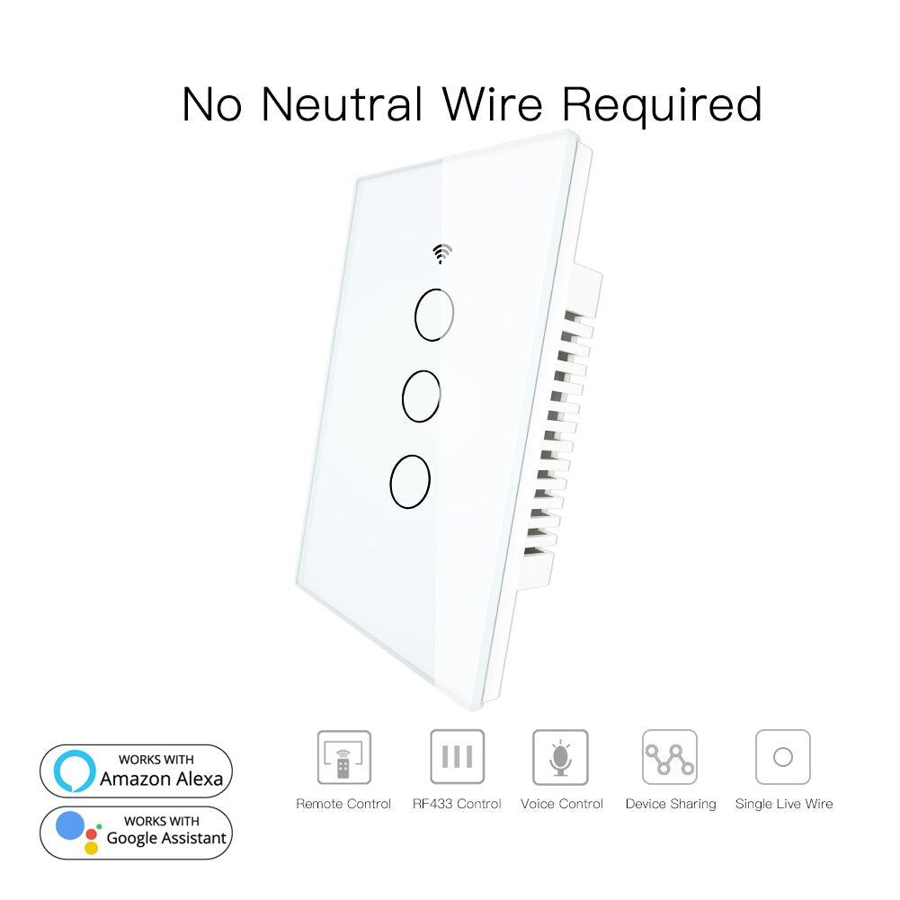White RF433+WiFi Smart Wall Touch Switch No Neutral Wire Needed Single Wire Wall Switch Work with Alexa Google Home 170-250V