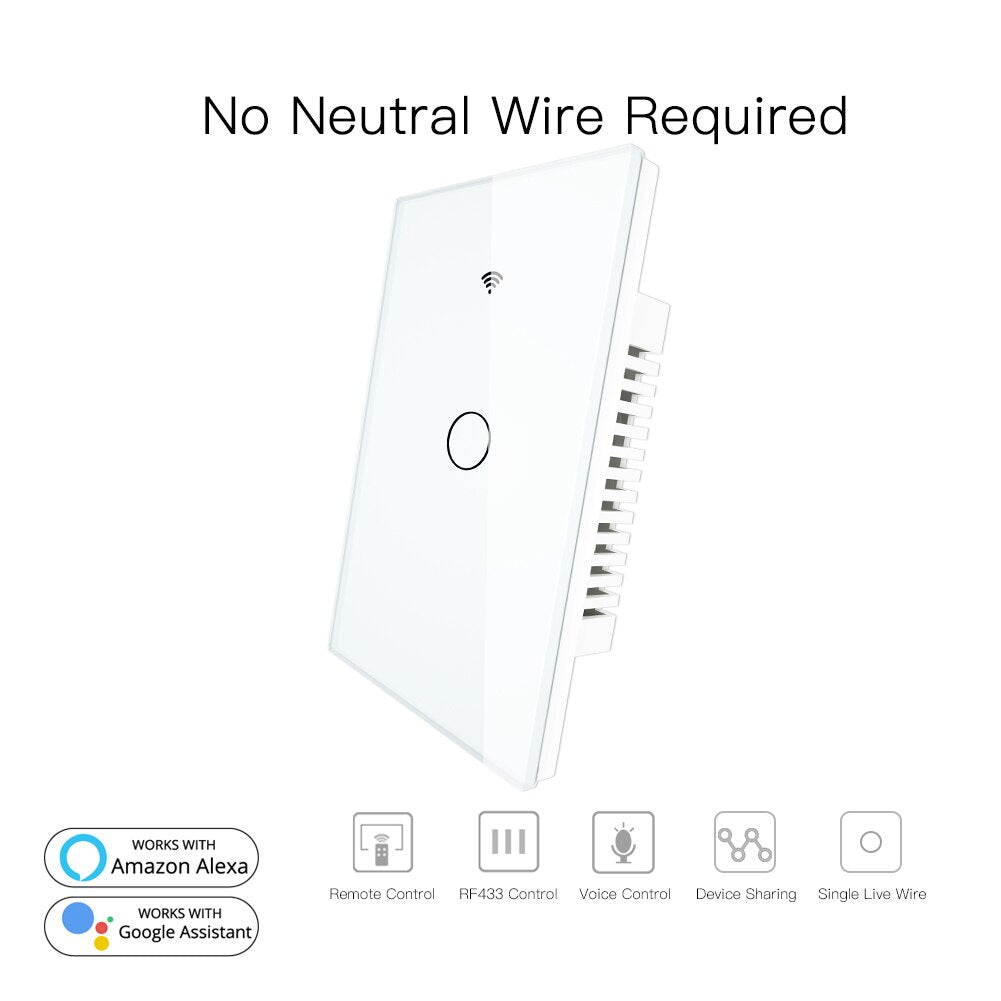 White RF433+WiFi Smart Wall Touch Switch No Neutral Wire Needed Single Wire Wall Switch Work with Alexa Google Home 170-250V
