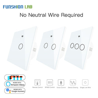 White WiFi Smart Wall Switch No Neutral Wire Needed Wireless Smart Life Tuya Remote Control Single Fire Work With Alexa RF433